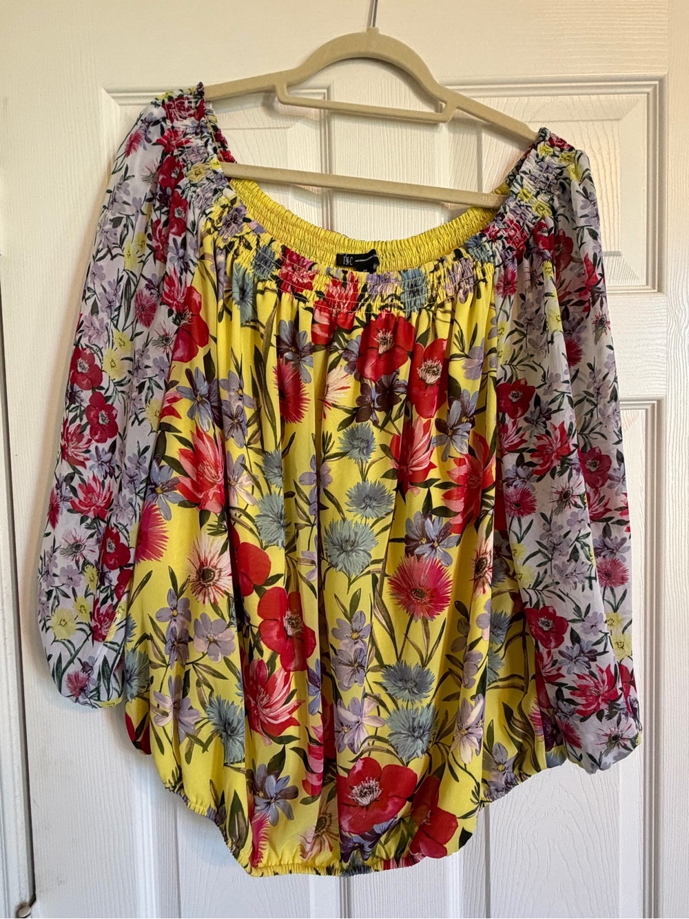 INC International Concepts Wide-Shoulder Floral Peasant Top - Yellow